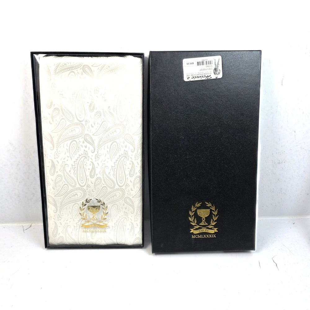 Vtg Dion Signature Ascot Tie 100% Italian Silk Ivory White Paisley NOS In Box
